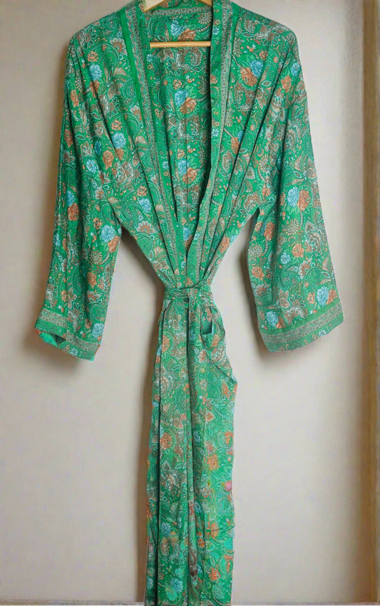 Silk Kimono Robe | Emerald Green Floral