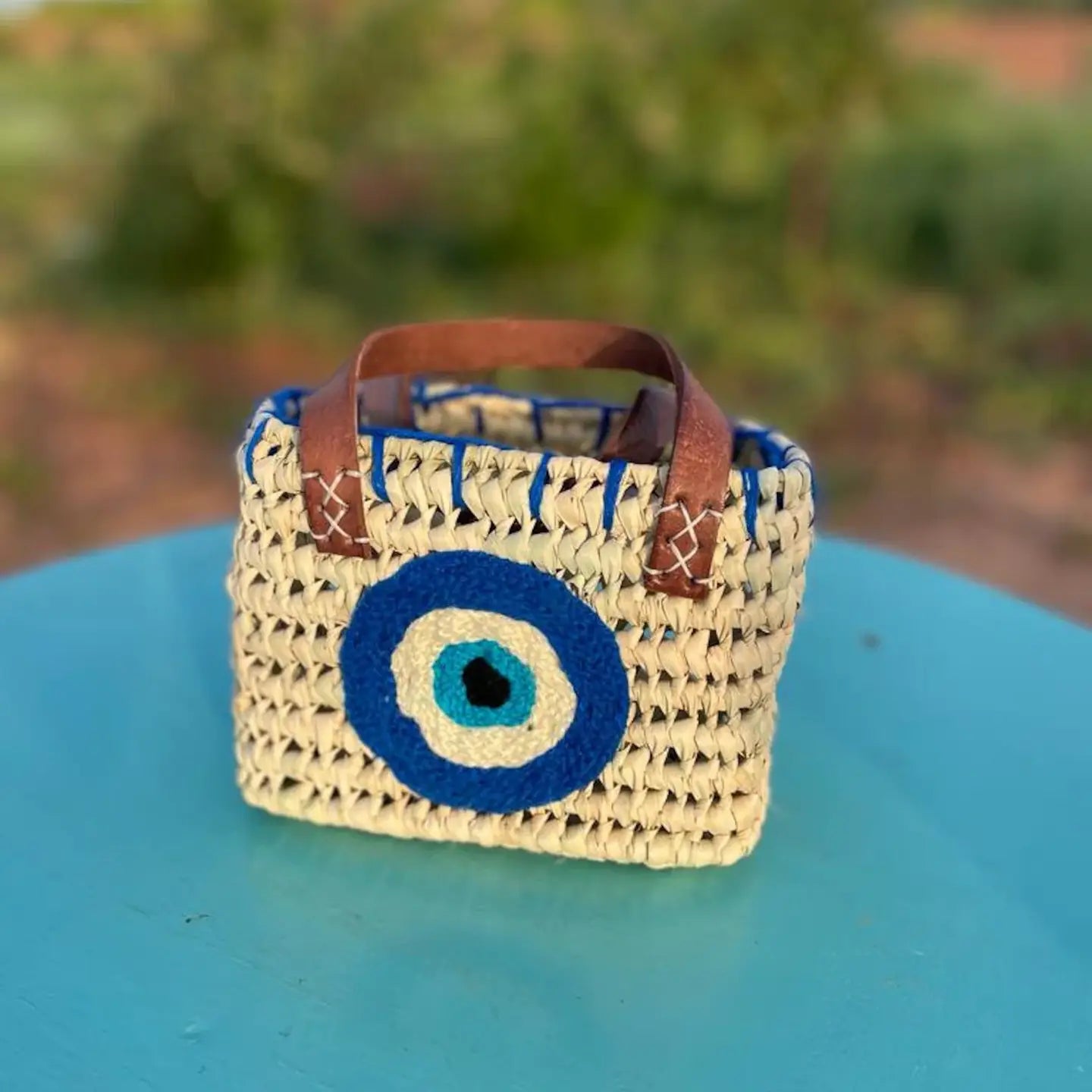 Moroccan Woven Straw Basket (evil eye)